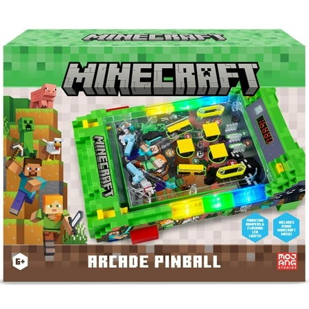 Colorful Minecraft-themed arcade pinball game featuring a vibrant LED scoreboard, vibrating bumpers, and gutter detection, suitable for ages 6 and up.