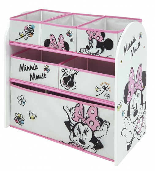 Classic wooden toy organizer featuring Minnie Mouse designs, six fabric storage bins in pink and white, with floral accents and playful illustrations.