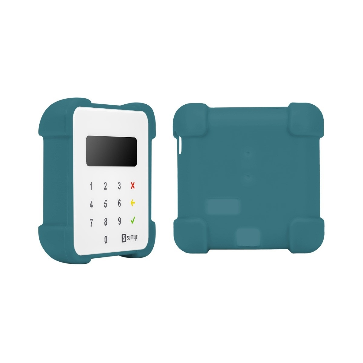 Blue silicone protective case for a POS system, featuring a white keypad with numbers and function buttons, designed for durability and easy access.