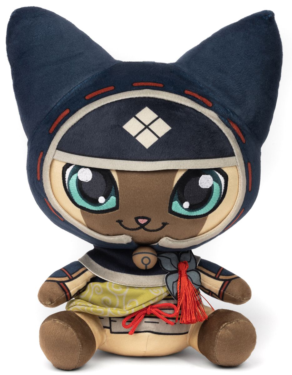 Soft plush Kamura Palico in brown and cream with large blue eyes, wearing a blue hood, patterned yellow and white outfit, and a red tassel, featuring detailed stitching and a friendly expression.