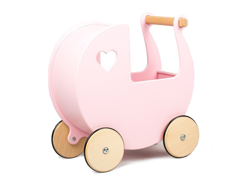 Pink wooden doll pram with a heart-shaped cutout, wooden handle, and natural wood wheels, designed for imaginative play.