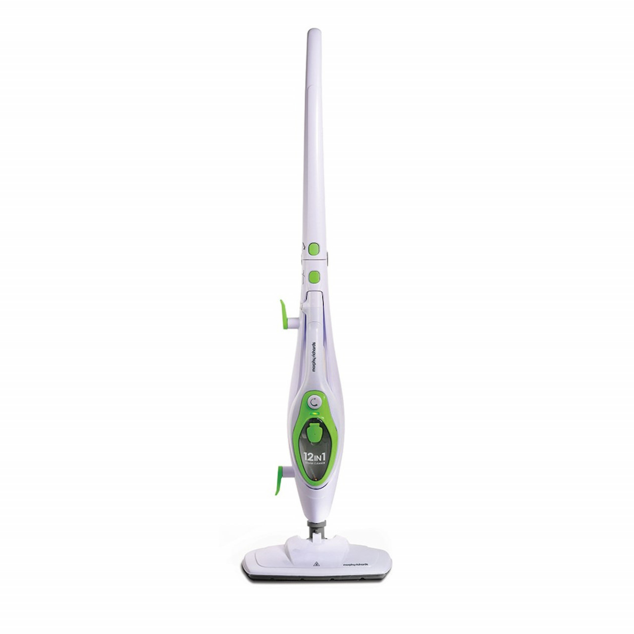 White and green Morphy Richards 12-in-1 steam mop with a slim design, featuring a triangular head, control buttons, and a detachable water tank for versatile cleaning.