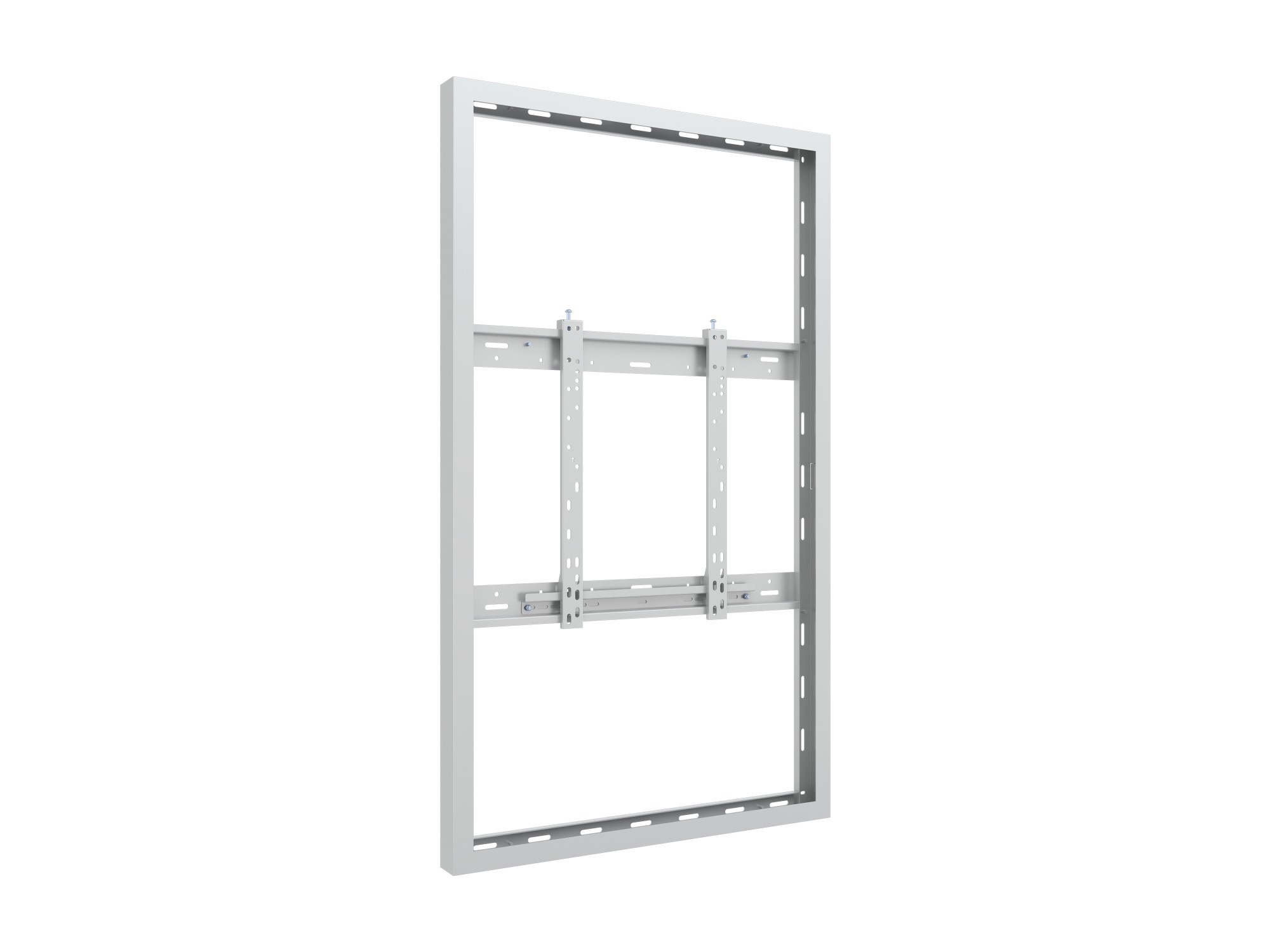 White metal wall enclosure with a slim design, featuring adjustable mounting brackets and a sturdy frame for secure installation of displays.