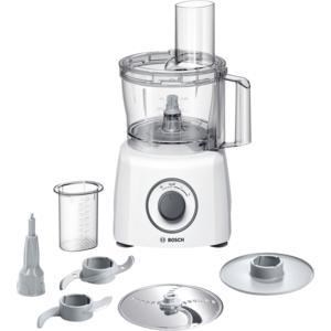 Bosch MultiTalent 3 food processor in white, featuring a transparent bowl, multiple attachments, a measuring cup, and a control dial for versatile food preparation.