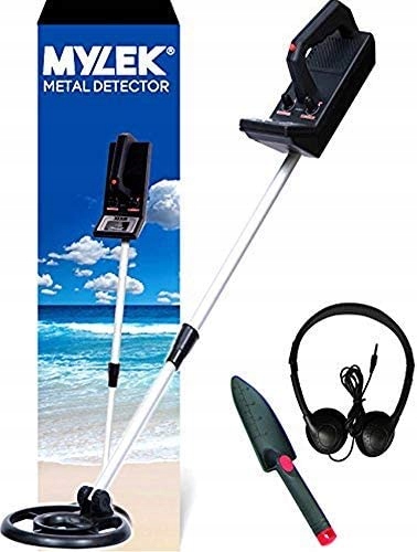 Mylek Metal Detector Kit features a black detector with a circular search coil, adjustable white shaft, included headphones, and a pinpointer, all packaged with a beach backdrop.