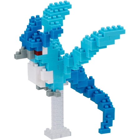 A detailed Nanoblock model of Arcticuno, featuring vibrant blue and white blocks, with a striking red eye and a standing pose on a clear base.