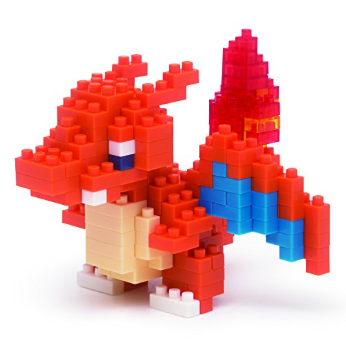 Colorful Nanoblock Charizard model featuring vibrant red and blue blocks, with a distinct flame-shaped tail and a playful expression, made of durable plastic.