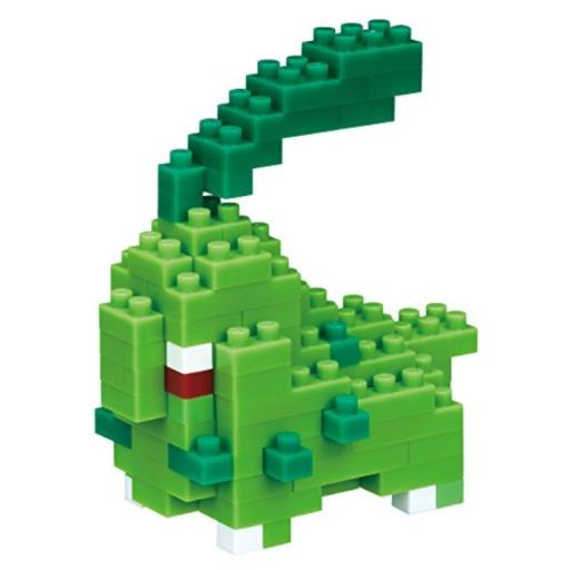 Chikorita, a small green block figure made of interlocking plastic pieces, features a distinctive leaf on its head and red accents on its face.