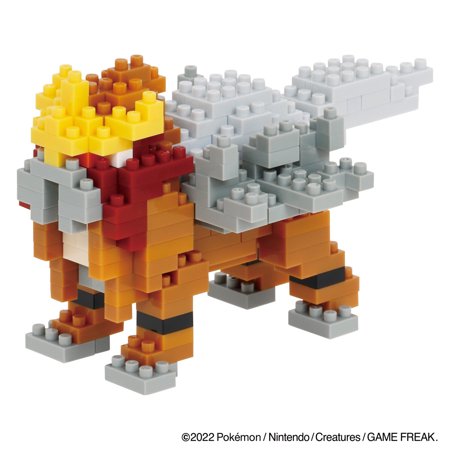 A colorful Nanoblock model of Entei, featuring orange and brown body, gray wings, and a yellow mane, showcasing intricate block detailing and a sturdy construction.