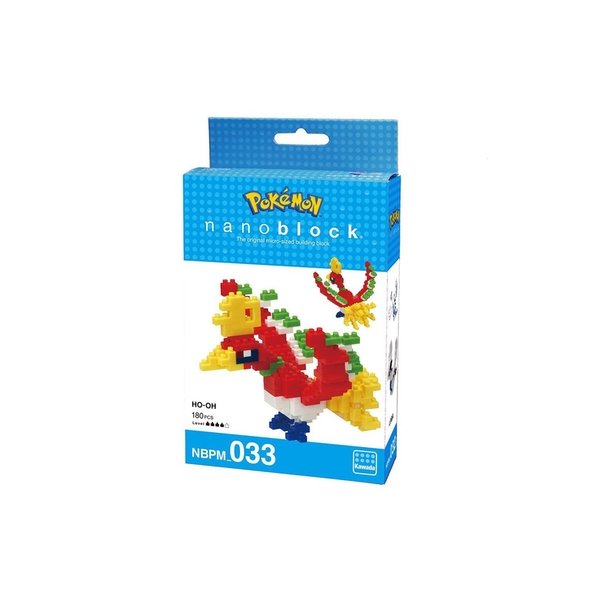 Nanoblock Pokémon Ho-Oh set features colorful plastic blocks in red, green, and yellow, depicting the legendary bird with a detailed design and a blue box packaging.