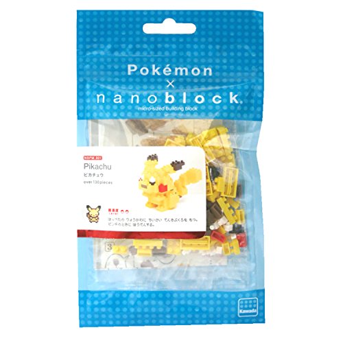 Yellow Nanoblock building set featuring Pikachu, with small plastic pieces and a clear packaging showcasing the completed figure and brand logo.