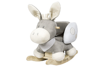 Soft plush rocking donkey in gray and cream, featuring large ears, a saddle, and wooden rockers, designed for children's play and comfort.