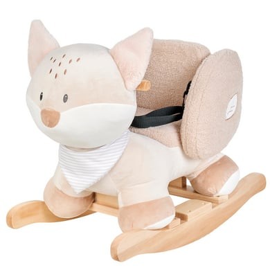 Soft plush fox rocker in light beige and cream, featuring a striped bandana, wooden rockers, and a padded backrest for comfort and safety.
