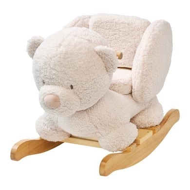 Soft ecru teddy bear rocker with plush fabric, wooden rockers, and a cozy seat, featuring rounded ears and a gentle expression, perfect for toddlers.