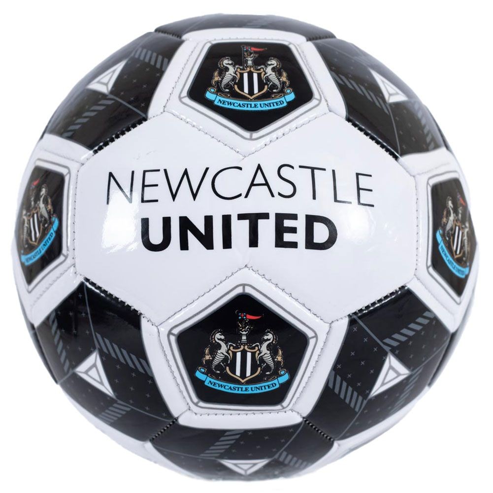 White and black size 3 football featuring the Newcastle United FC crest, with hexagonal panels and the text "NEWCASTLE UNITED" prominently displayed.