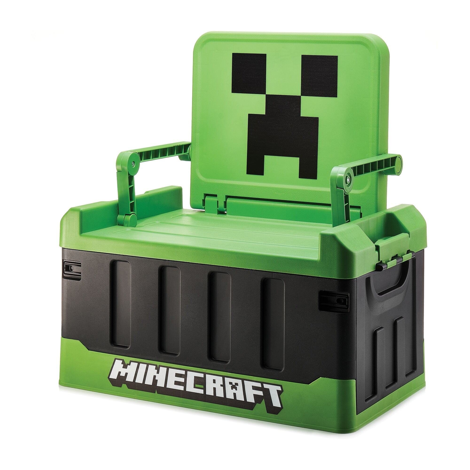 Green Minecraft storage box with a folding chair featuring a Creeper face, made of durable plastic, with a black base and "Minecraft" logo on the front.