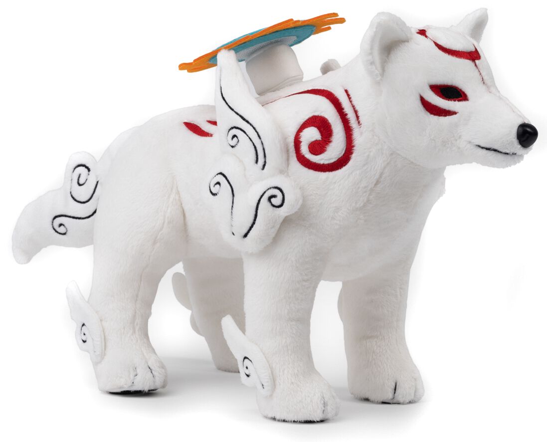 White plush wolf with red markings, featuring intricate black and red designs on its body, a circular orange disc on its back, and fluffy texture.