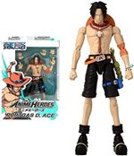 Action figure of Ace from One Piece, featuring a muscular build, black shorts, a red bandana, and a flame motif on his arm, packaged in a colorful box with branding.