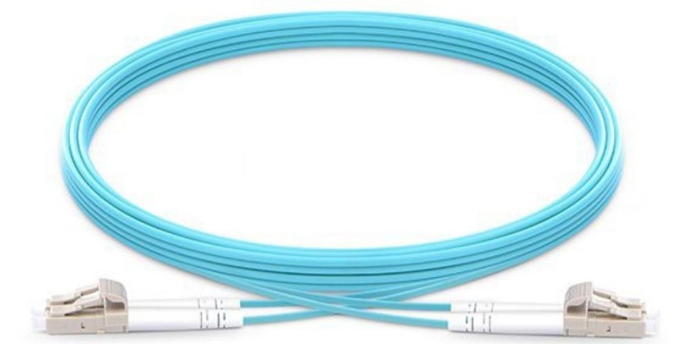 Aqua-colored 2m multimode duplex fibre optic cable with LC connectors at both ends, designed for high-speed data transmission.