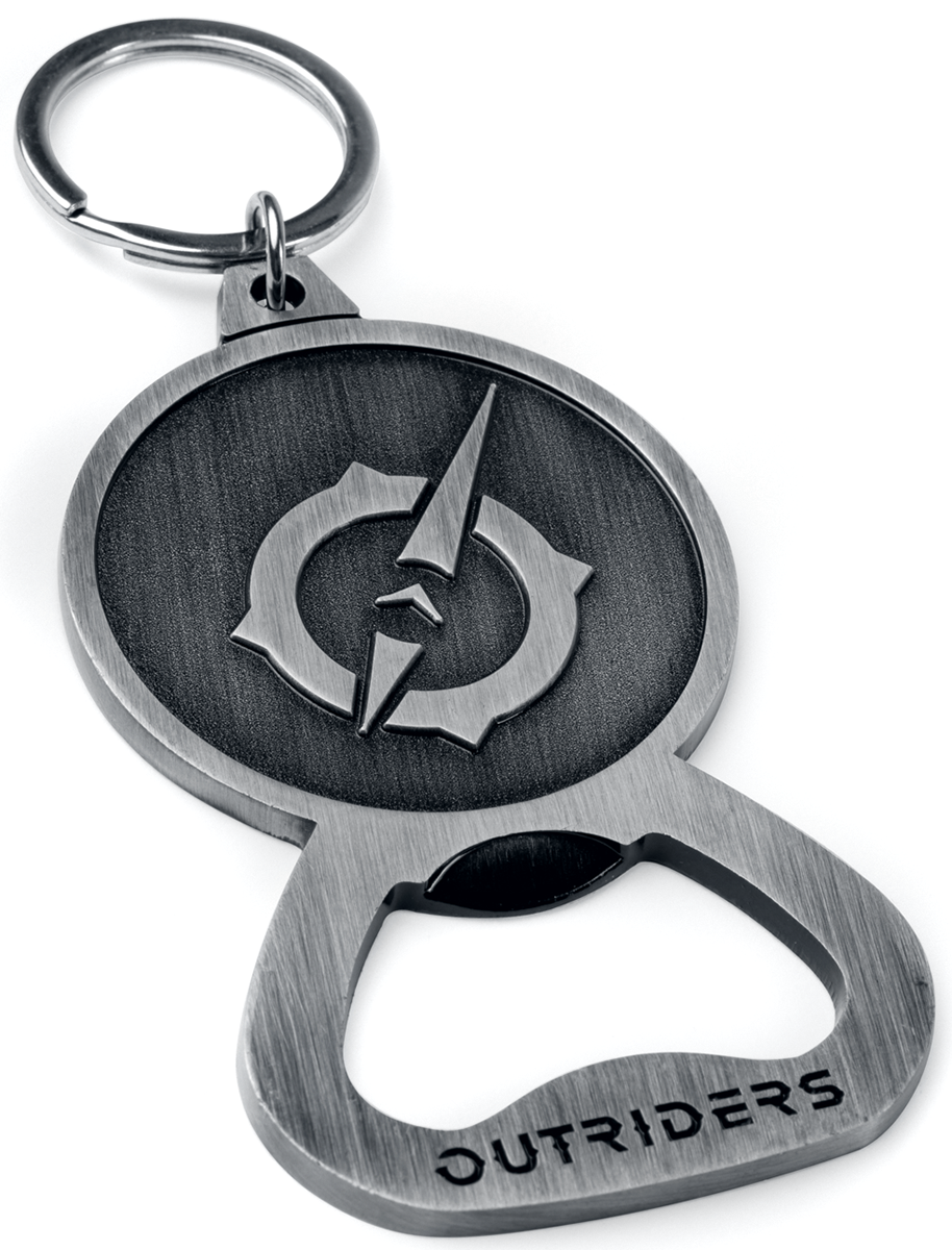 Metal bottle opener featuring a circular design with an embossed Outriders logo, attached to a keyring, showcasing a brushed silver finish.