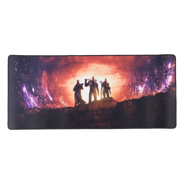 Large rectangular desk mat featuring a vibrant cosmic scene with three silhouetted figures against a fiery orange and purple background, made of smooth, durable material.