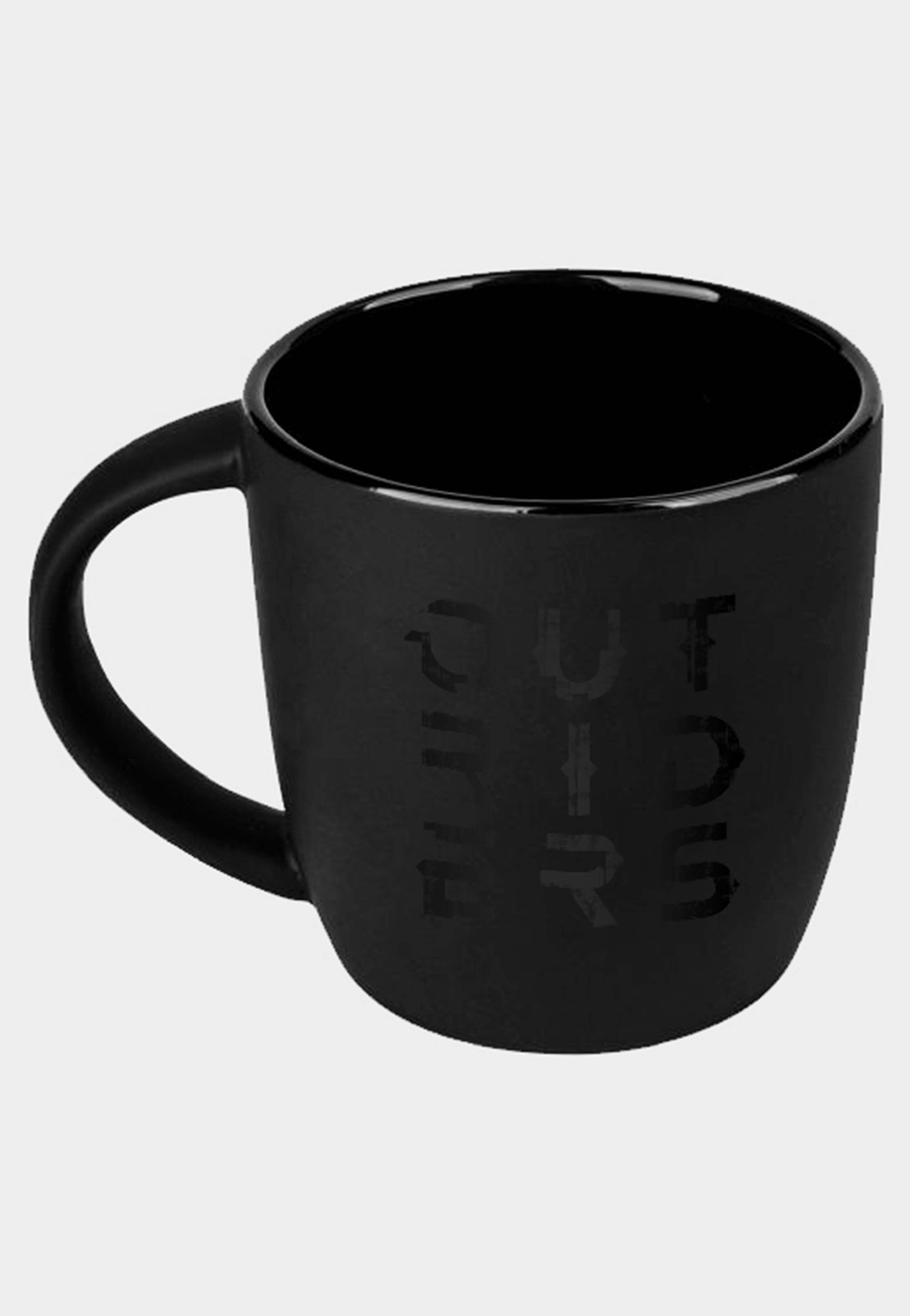 Black ceramic mug featuring the word "OUTRIDERS" in a subtle, glossy print, with a comfortable handle and a sleek, modern design.