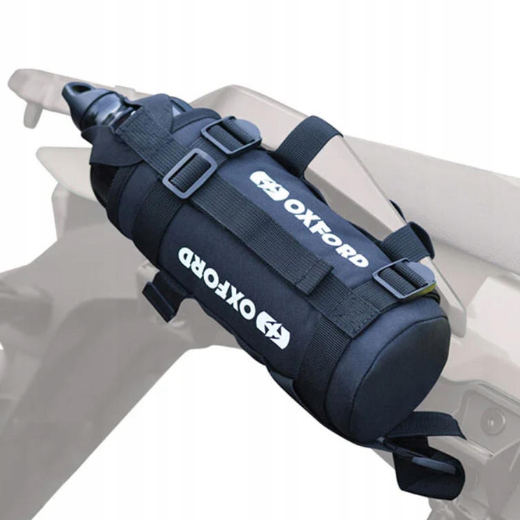 Black Oxford Modular Bottlestash bag with adjustable straps, featuring a cylindrical design and the Oxford logo prominently displayed in white.