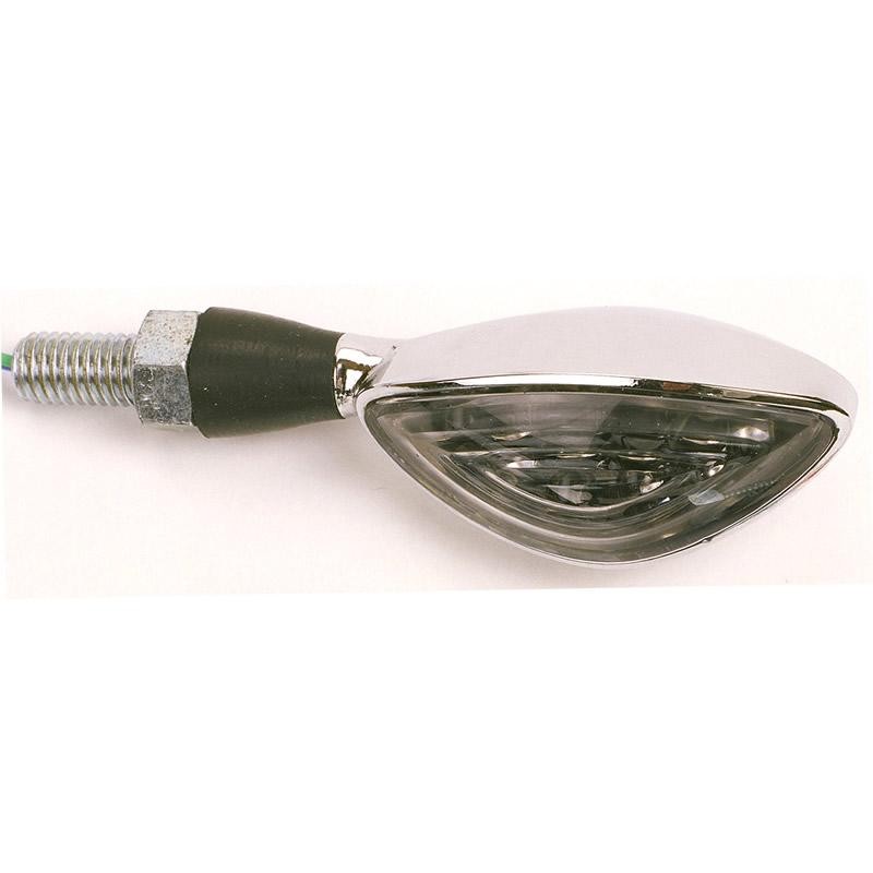 Sleek mercury chrome LED indicator with a teardrop shape, featuring a clear lens and a threaded metal base for easy installation.