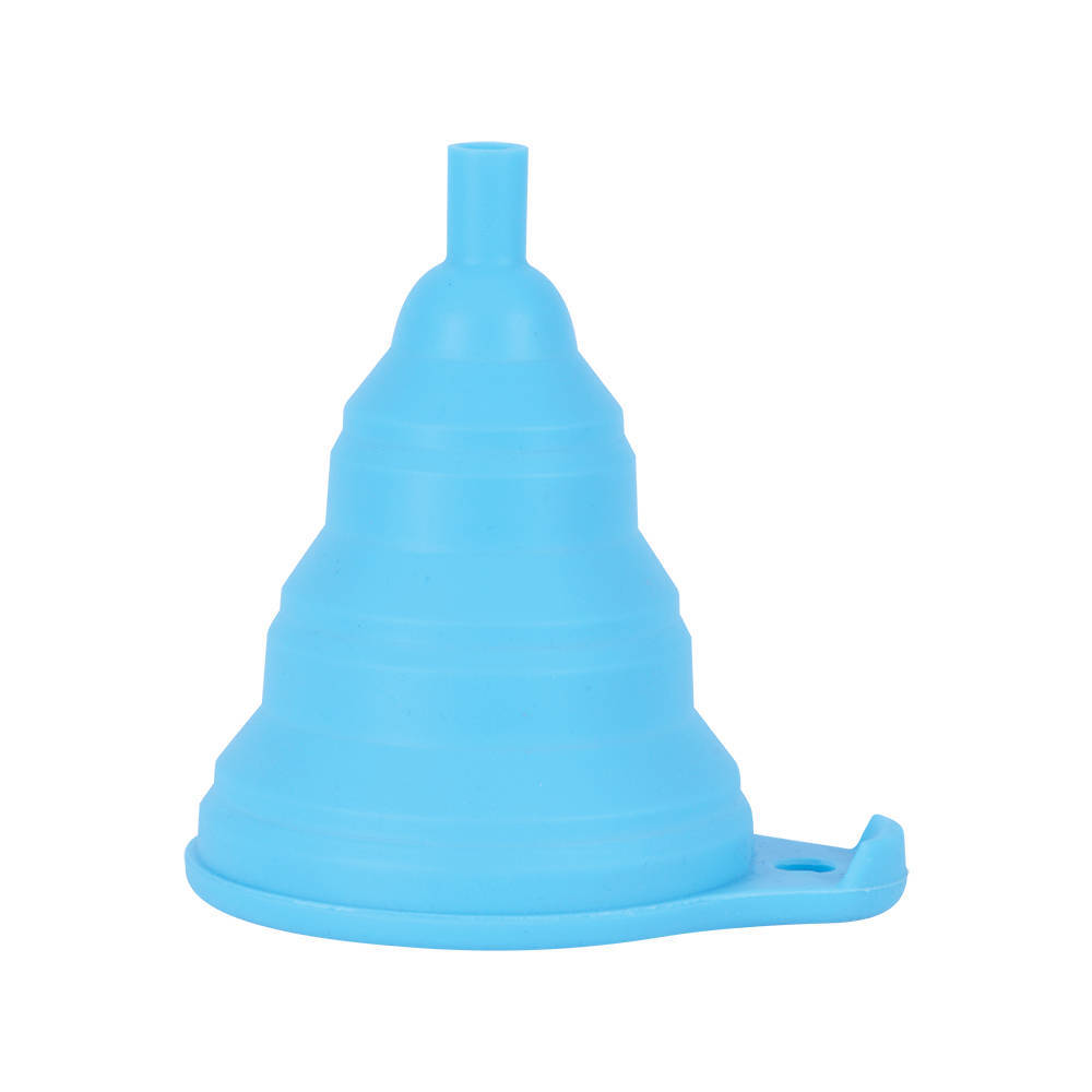 Light blue silicone funnel with a tapered top, ribbed design, and a flat base for stability, ideal for pouring liquids or transferring small items.