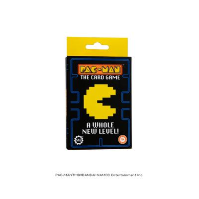 Bright yellow packaging features a classic Pac-Man graphic, with blue borders and bold text stating "Pac-Man: The Card Game" and "A Whole New Level!" in vibrant colors.