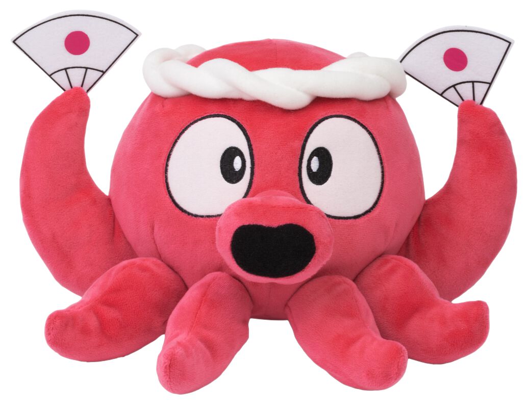 A bright pink plush octopus with large expressive eyes, holding two white fans featuring a red dot, and adorned with a white headband.