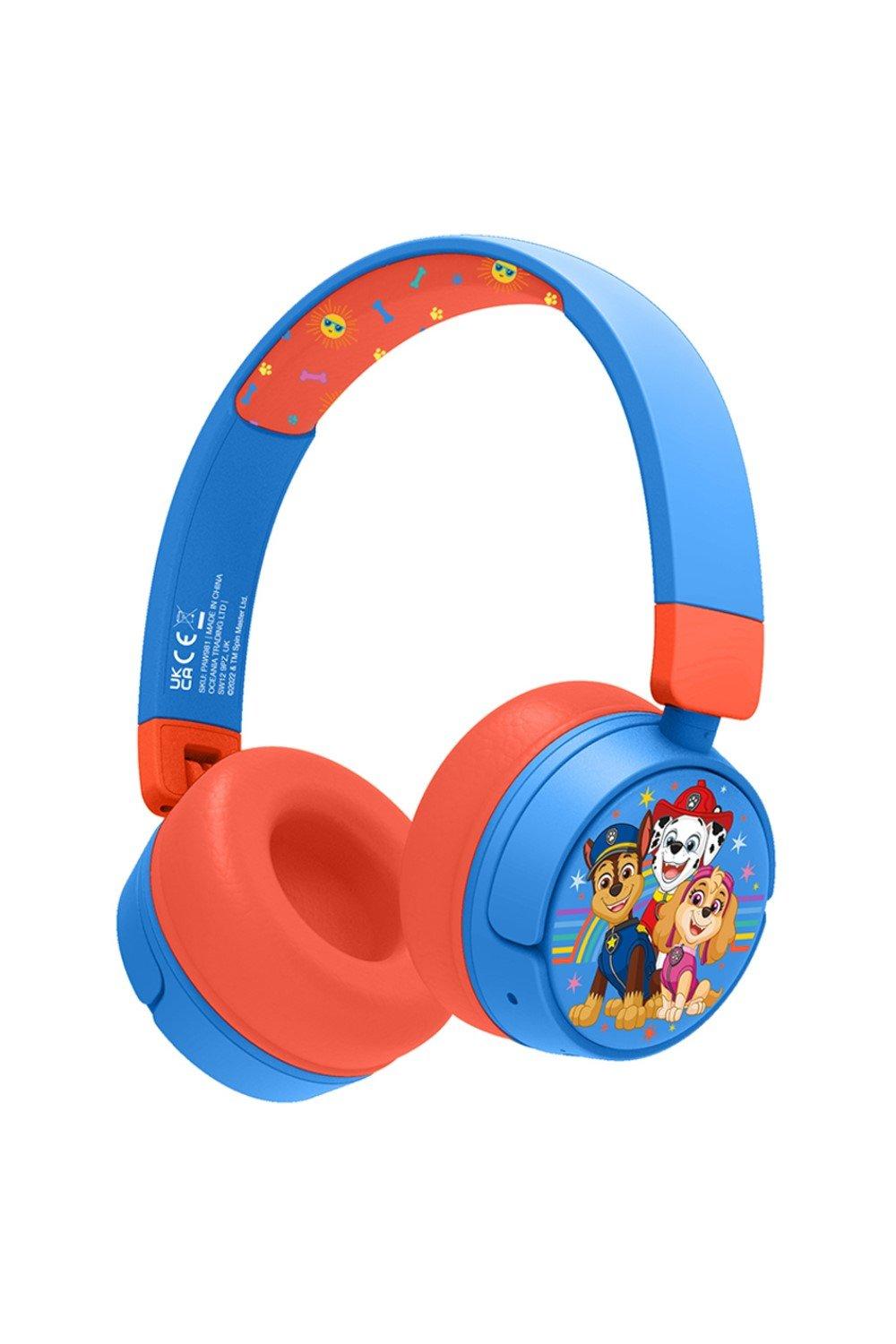 Bright blue and orange wireless headphones featuring Paw Patrol characters, with cushioned ear pads and a colorful adjustable headband designed for kids.