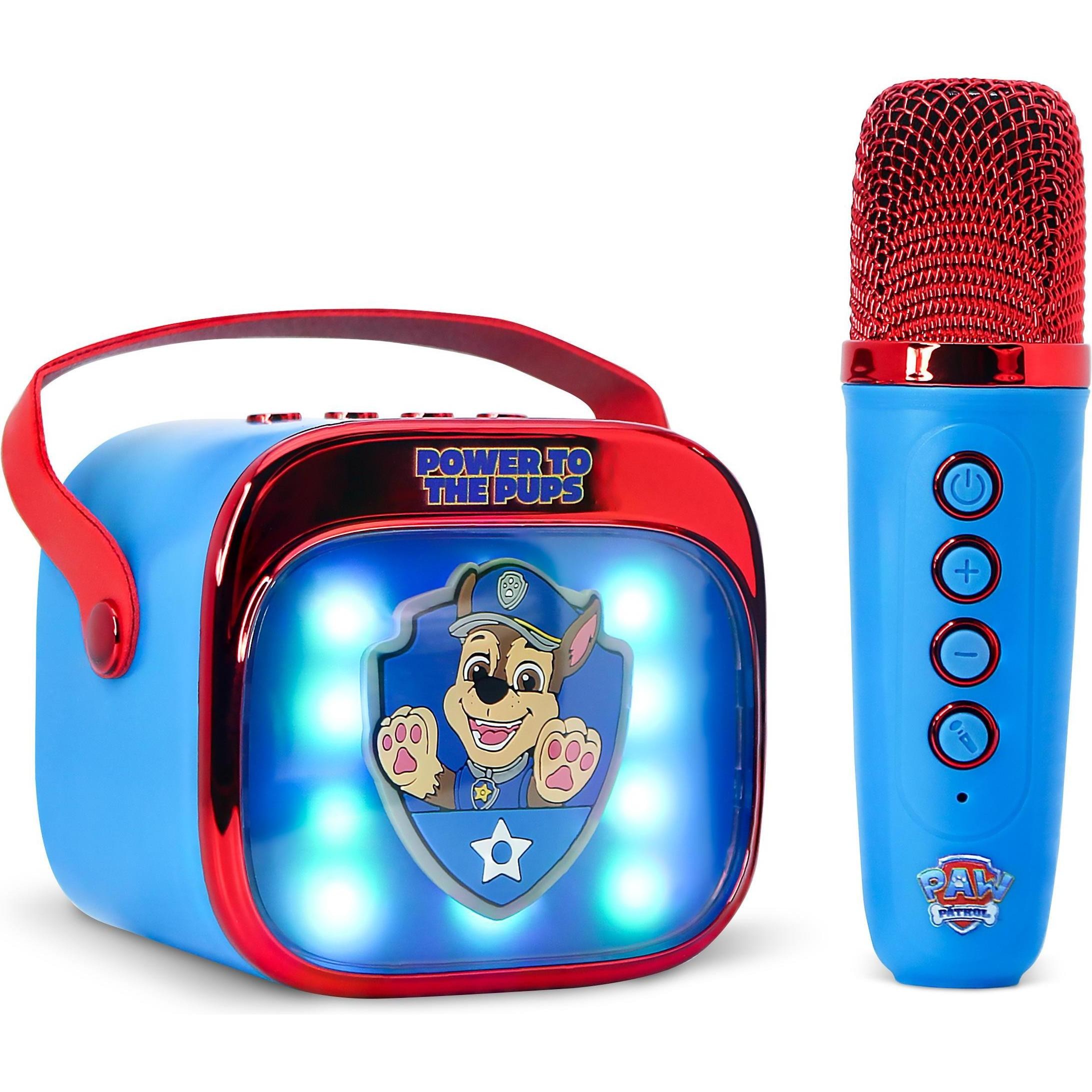 Bright blue and red wireless karaoke speaker featuring a Paw Patrol design with lights, accompanied by a red microphone with control buttons.