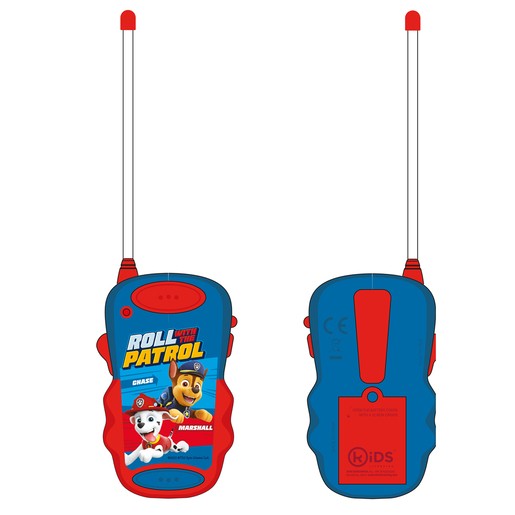 Bright blue walkie talkies featuring Paw Patrol characters Marshall and Chase, with red antennas and colorful graphics, designed for kids' outdoor play.