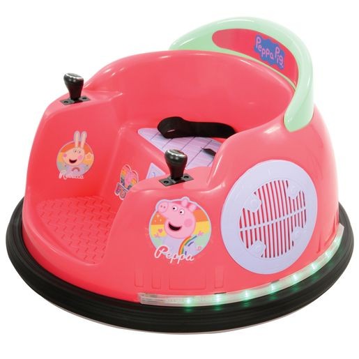 Bright pink electric bumper car featuring Peppa Pig and a rabbit character, with a textured seat, safety harness, and colorful LED lights around the base.