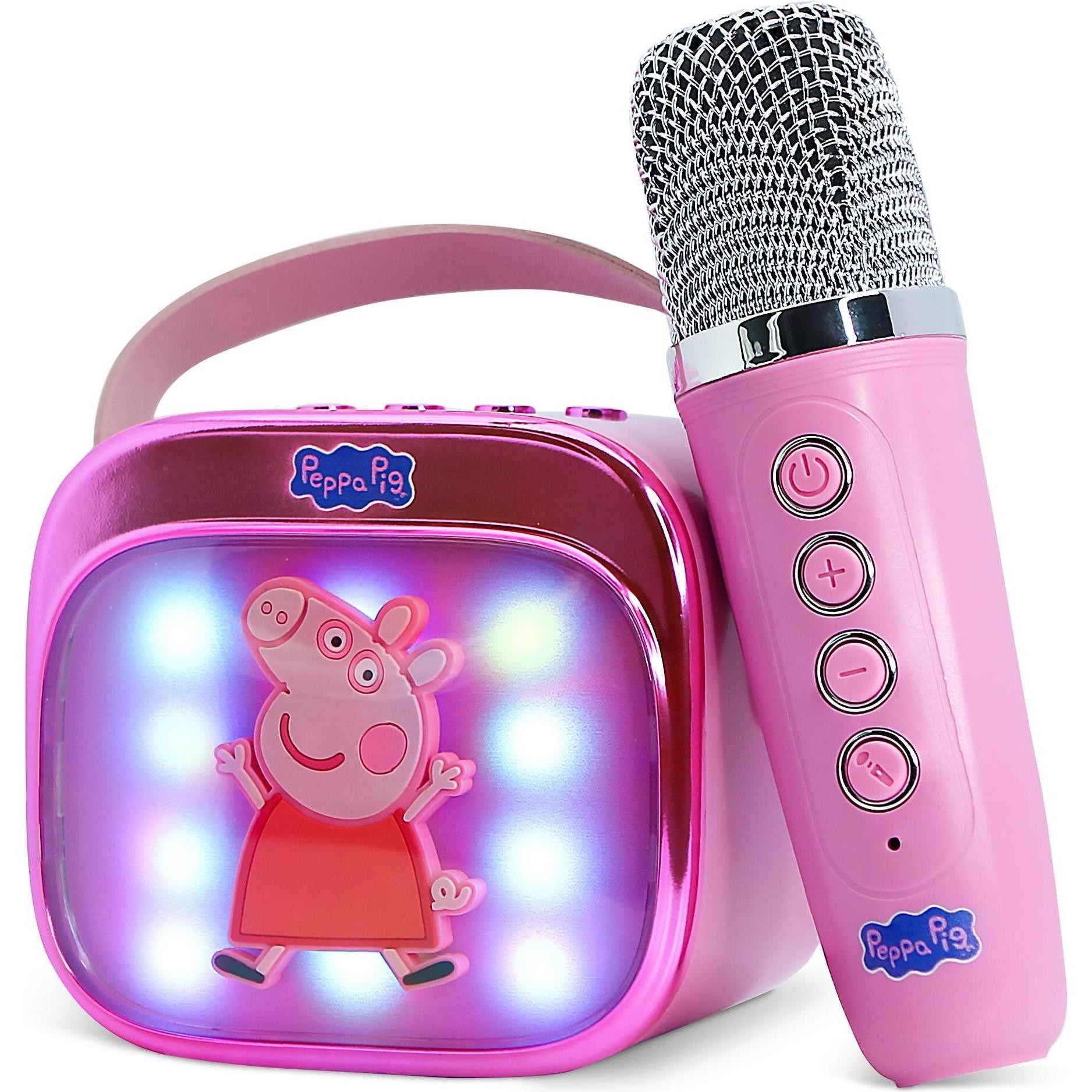 Pink wireless karaoke speaker featuring Peppa Pig, with colorful LED lights, a microphone, and control buttons for volume and playback.