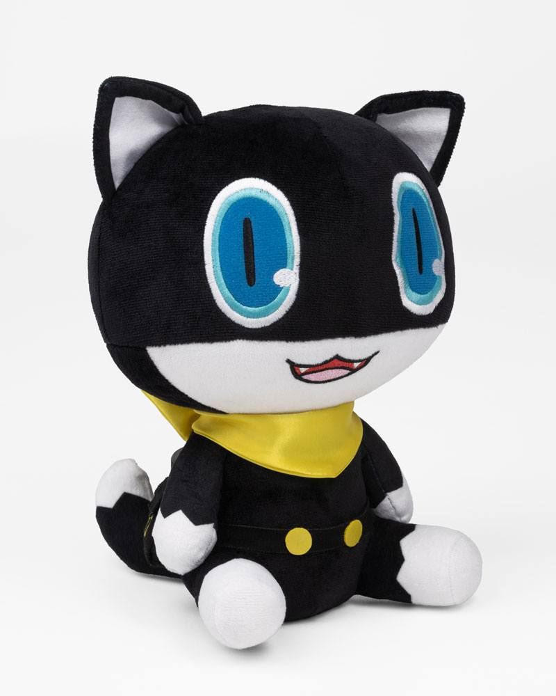Black and white plush of Morgana from Persona 5 Royal, featuring large blue eyes, a yellow collar, and a smiling mouth, with soft, velvety fabric and a small tail.