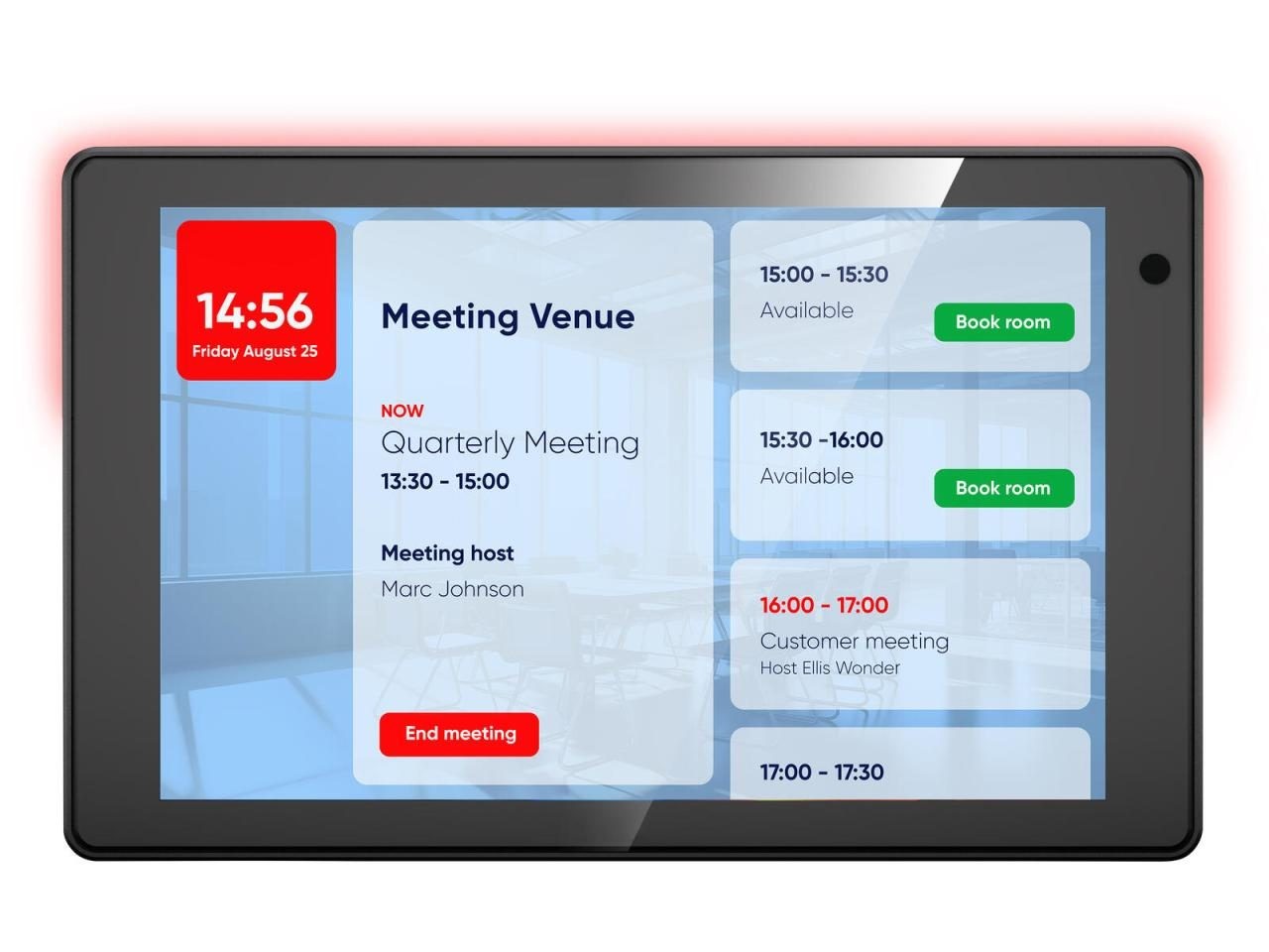 Philips 10BDL5051T/00 digital signage display featuring a sleek black frame, touchscreen interface, and vibrant color screen showing meeting details and booking options.