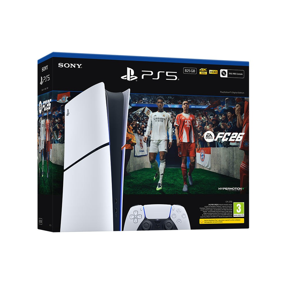 PlayStation 5 Digital Edition bundle featuring EA SPORTS FC 26, with a sleek white console design, blue packaging, and an image of soccer players on the front.