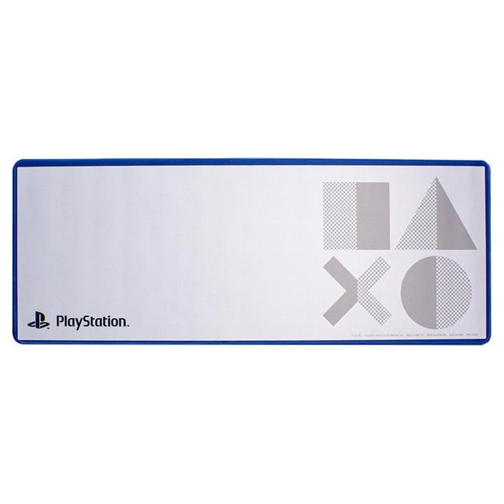 A large rectangular desk mat featuring a white surface with a blue border, displaying the PlayStation logo and geometric shapes in gray, designed for gamers.