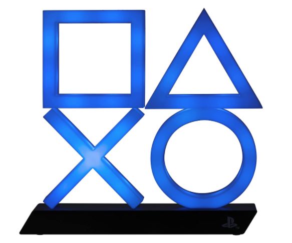 Blue light-up PlayStation icons featuring a square, triangle, circle, and X, set on a sleek black base, designed for PS5 enthusiasts.