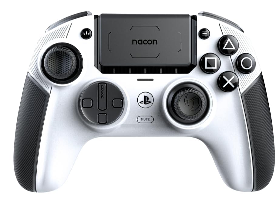 White Nacon Revolution 5 Pro Controller for PS5 featuring textured grips, customizable buttons, and dual analog sticks, with a central touchpad and PlayStation logo.