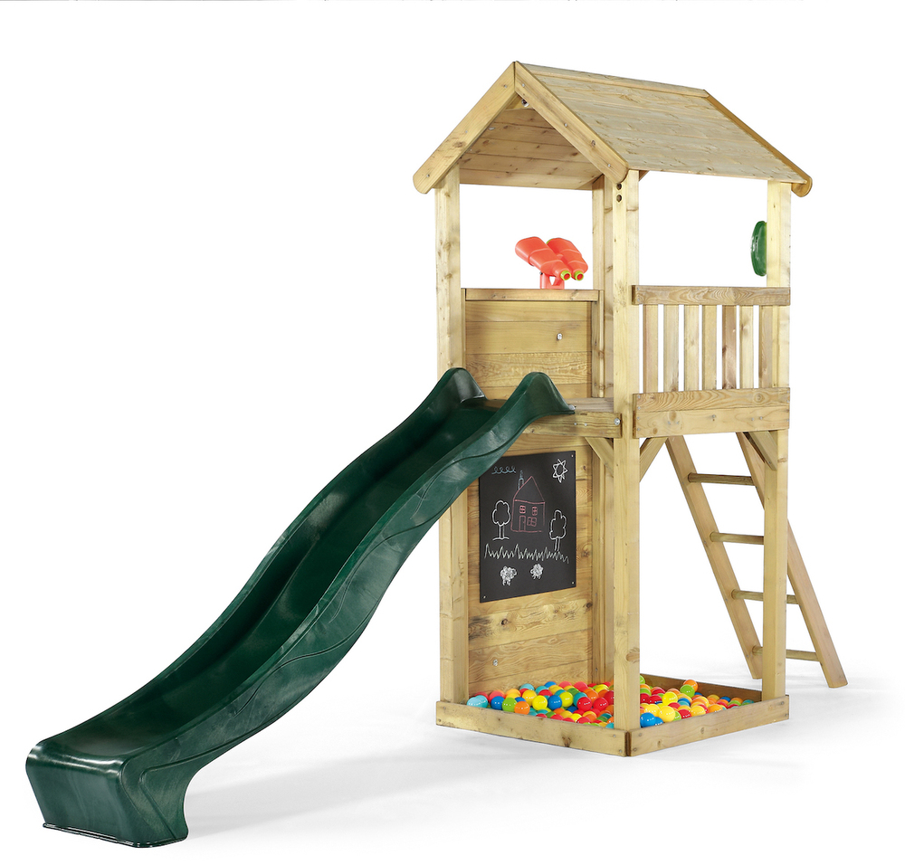 Wooden playcentre with a green slide, a chalkboard, and a ball pit filled with colorful balls, featuring a sturdy design and a small roof.