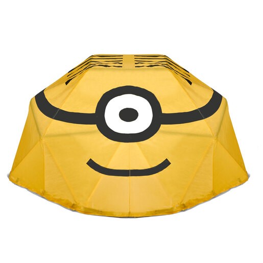 Yellow metal climbing dome with a den cover featuring a Minion face design, including a large eye and black smile, ideal for outdoor play.