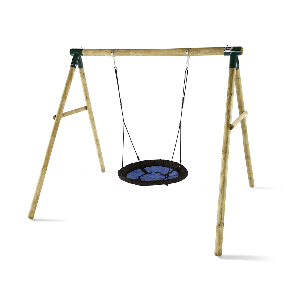 Beige wooden swing set with a circular black and blue swing, supported by sturdy green metal fittings and natural wooden A-frame legs.