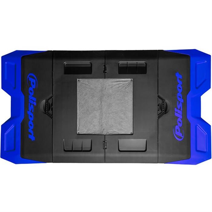 Foldable workshop moto pad in black and blue, featuring a durable surface, reinforced edges, and a central storage compartment for tools and equipment.