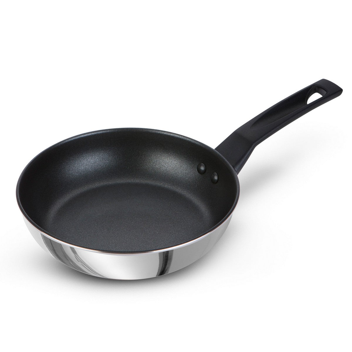 Stainless steel frying pan with a dimpled surface, non-stick interior, and a black ergonomic handle, measuring 21cm in diameter.