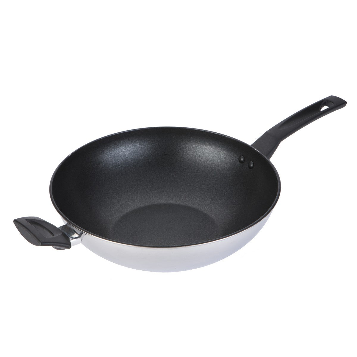 Stainless steel stir fry pan with a dimpled silver surface, 30 cm in diameter, featuring a non-stick black interior and a black ergonomic handle.