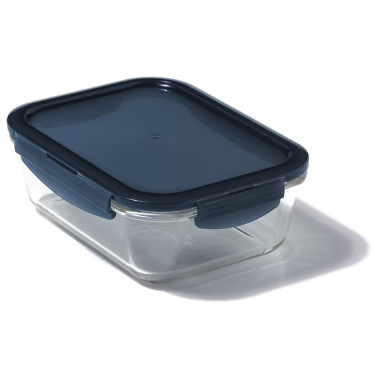 Rectangular 1L glass food storage container with a clear body and a dark blue plastic lid, featuring secure locking clips on the sides for airtight sealing.