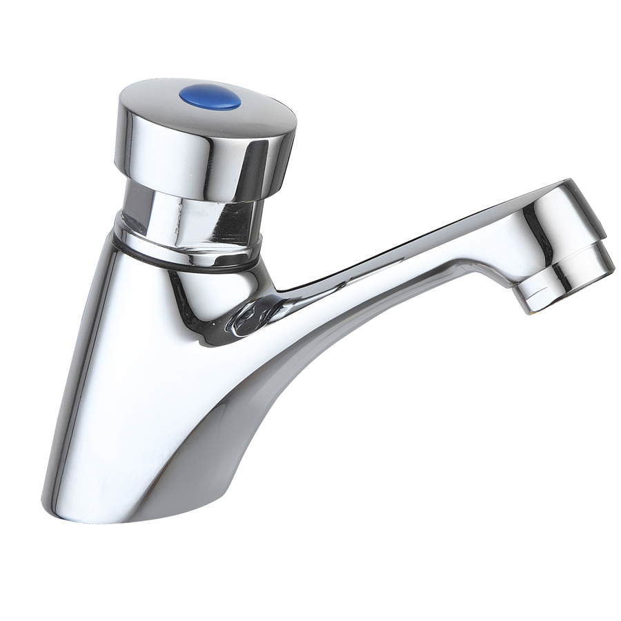 Chrome-finished basin tap with a sleek design, featuring a blue top button for easy operation and a curved spout for smooth water flow, ideal for non-concussive use.